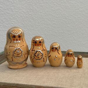 Vintage Hand Painted Matryoshka Russian 5 Nesting Dolls Natural Burnt Wood 3.75"